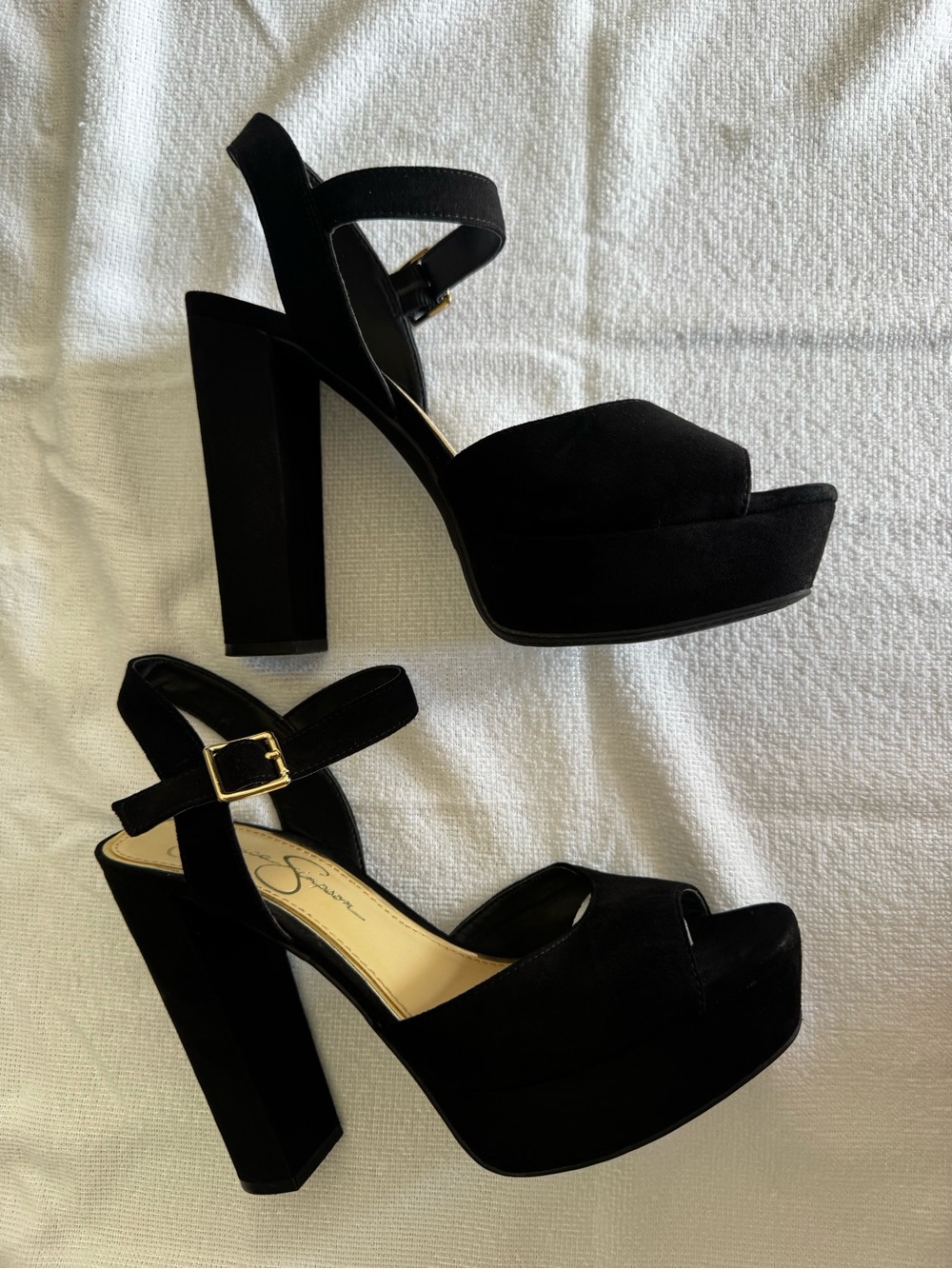 Jessica Simpson Black Open-Toe Ankle Strap Heels with Gold Buckle Size 8.5
